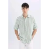 Defacto D2059 Yeşil Relax Fit Yazlık Çizgili Kısa Kollu Gömlek