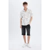 Defacto C7695 Ekru Regular Fit Yazlık Baskılı Pamuklu Kısa Kollu Gömlek