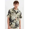 Defacto C7667 Haki Regular Fit Yazlık Hawaii Baskılı Pamuklu Kısa Kollu Gömlek