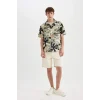 Defacto C7667 Haki Regular Fit Yazlık Hawaii Baskılı Pamuklu Kısa Kollu Gömlek