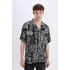 Defacto C7686 Siyah Regular Fit Yazlık Apaş Yaka Desenli Viskon Kısa Kollu Gömlek