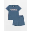 LCW Kids Indigo Bisiklet Yaka Baskılı Kısa Kollu Erkek Çocuk Tişört ve Şort