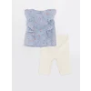 LCW baby Ekru Bisiklet Yaka Desenli Kız Bebek Bluz ve Tayt 2li Takım