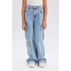 Defacto D9694 Mavi Kız Çocuk Wide Leg Kargo Geniş Paça Pamuklu Jean Pantolon
