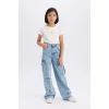 Defacto D9694 Mavi Kız Çocuk Wide Leg Kargo Geniş Paça Pamuklu Jean Pantolon