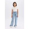 Defacto D9694 Mavi Kız Çocuk Wide Leg Kargo Geniş Paça Pamuklu Jean Pantolon