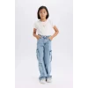 Defacto D9694 Mavi Kız Çocuk Wide Leg Kargo Geniş Paça Pamuklu Jean Pantolon