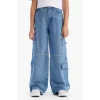 Defacto D9695 Mavi Kız Çocuk Wide Leg Kargo Geniş Bol Paça Jean Pantolon