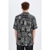 Defacto C7686 Siyah Regular Fit Yazlık Apaş Yaka Desenli Viskon Kısa Kollu Gömlek
