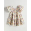 LCW Kids Ekru Kare Yaka Çiçekli Kız Çocuk Elbise