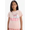 Defacto E6227 Pembe Kız Çocuk Pijama Takımı Baskılı Kısa Kollu Üst Esnek Belli Şort
