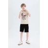 Defacto E0159 Bej Erkek Çocuk Pijama Takımı Baskılı Kısa Kollu Üst Şort