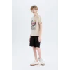 Defacto E0159 Bej Erkek Çocuk Pijama Takımı Baskılı Kısa Kollu Üst Şort
