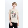 Defacto E0159 Bej Erkek Çocuk Pijama Takımı Baskılı Kısa Kollu Üst Şort
