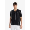 Defacto E2559 Siyah Regular Fit Apaş Yaka Çizgili Yazlık Kısa Kollu Gömlek
