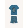 Defacto D9989 Mavi Erkek Çocuk Pijama Takımı Baskılı Kısa Kollu Üst Desenli Şort