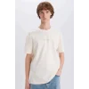 Defacto E3940 Ekru %100 Pamuk Regular Fit Bisiklet Yaka Baskılı Kısa Kollu Tişört