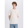 Defacto E3940 Ekru %100 Pamuk Regular Fit Bisiklet Yaka Baskılı Kısa Kollu Tişört