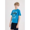 Defacto E0186 Turkuaz Erkek Çocuk Bisiklet Yaka Baskılı Kısa Kollu Tişört