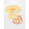 LCW Kids Sari Bisiklet Yaka Baskılı Kısa Kollu Kız Çocuk Tişört ve Şort