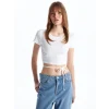XSIDE Beyaz Bisiklet Yaka Düz Kısa Kollu Kadın Crop