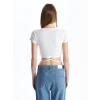XSIDE Beyaz Bisiklet Yaka Düz Kısa Kollu Kadın Crop