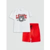LCW Kids Beyaz Bisiklet Yaka Baskılı Kısa Kollu Erkek Çocuk Tişört ve Şort