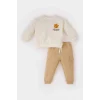 Defacto D9594 Ekru Erkek Bebek 2li Takım Bisiklet Yaka Baskılı Sweatshirt Beli Lastikli Eşofman Altı