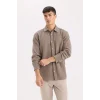 Defacto W7832 Kahve %100 Pamuk Regular Fit Polo Yaka Müslin Uzun Kollu Gömlek