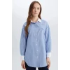 Defacto E1756 Mavi Relax Fit Çizgili Poplin Uzun Kollu Gömlek Tunik