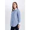 Defacto E1756 Mavi Relax Fit Çizgili Poplin Uzun Kollu Gömlek Tunik