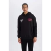 Defacto D6574 Siyah DeFactoFit NBA Chicago Bulls Boxy Fit Kapüşonlu Sırt Baskıllı Kalın Sweatshirt