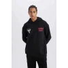 Defacto D6574 Siyah DeFactoFit NBA Chicago Bulls Boxy Fit Kapüşonlu Sırt Baskıllı Kalın Sweatshirt