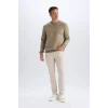 Defacto T3777 Haki Regular Fit Bisiklet Yaka Kalın Basic Düz Sweatshirt