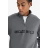 Defacto D8616 Gri DeFactoFit NBA Chicago Bulls Oversize Geniş Kalıp Fermuarlı Dik Yaka Skuba Dalgıç Kumaş Sweatshirt