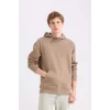 Defacto X8283 Kahve Regular Fit Kapüşonlu Kanguru Cepli İçi Yumuşak Tüylü Basic Düz Sweatshirt