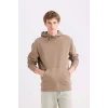 Defacto X8283 Kahve Regular Fit Kapüşonlu Kanguru Cepli İçi Yumuşak Tüylü Basic Düz Sweatshirt