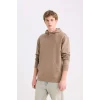 Defacto X8283 Kahve Regular Fit Kapüşonlu Kanguru Cepli İçi Yumuşak Tüylü Basic Düz Sweatshirt