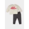 Defacto D7921 Ekru Erkek Bebek 2li Takım Baskılı Sweatshirt Beli Lastikli Eşofman Altı