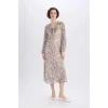 Defacto E7169 Bej Fırfırlı Yaka Etnik Desenli Şifon Uzun Kollu Midi Elbise