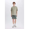 Defacto B8673 Yeşil %100 Pamuk Slim Fit Dar Kesim Dar Paça Cepli Basic Düz Şort