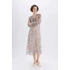 Defacto E7169 Bej Fırfırlı Yaka Etnik Desenli Şifon Uzun Kollu Midi Elbise