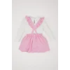 Defacto D9326 Pembe Kız Bebek 2li Takım Bisiklet Yaka Uzun Kollu Üst Askılı Salopet Elbise