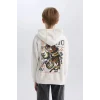 Defacto D8495 Beyaz Erkek Çocuk Oversize Geniş Kalıp Kapüşonlu Sırt Baskılı Sweatshirt