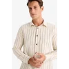 Defacto D6146 Ekru Regular Fit Çizgili Pamuklu Uzun Kollu Gömlek