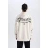Defacto D6711 Bej DeFactoFit NBA Brooklyn Nets Oversize Geniş Kalıp Kapüşonlu Sırt Baskılı Skuba Dalgıç Kumaş Sweatshirt