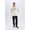 Defacto D6711 Bej DeFactoFit NBA Brooklyn Nets Oversize Geniş Kalıp Kapüşonlu Sırt Baskılı Skuba Dalgıç Kumaş Sweatshirt