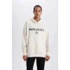 Defacto D6711 Bej DeFactoFit NBA Brooklyn Nets Oversize Geniş Kalıp Kapüşonlu Sırt Baskılı Skuba Dalgıç Kumaş Sweatshirt