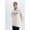 Defacto D6711 Bej DeFactoFit NBA Brooklyn Nets Oversize Geniş Kalıp Kapüşonlu Sırt Baskılı Skuba Dalgıç Kumaş Sweatshirt
