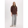 Defacto E9281 Kahve Coool Oversize Geniş Kalıp Fermuarlı Dik Yaka Baskılı Kalın Sweatshirt
